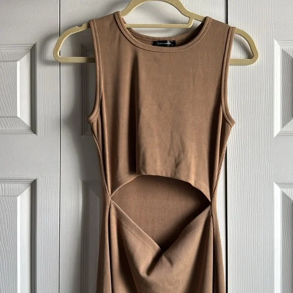 PRETTYGARDEN Women Summer Midi Bodycon Dresses Casual Crew Neck Side Slit Camel - Picture 6 of 10